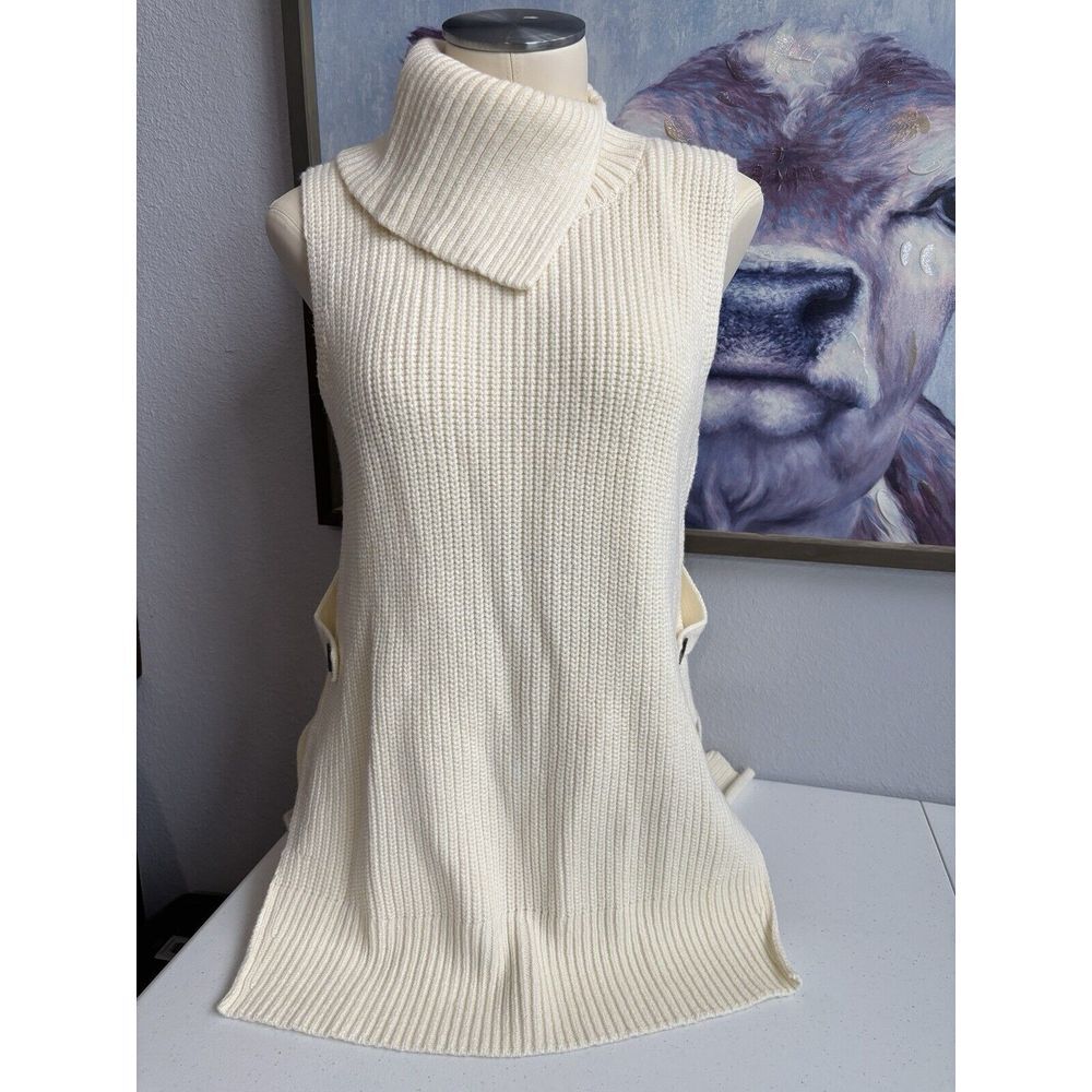 Anthropologie Women's Small Cream Knit High Neck Extra Long Sleeveless Sweater